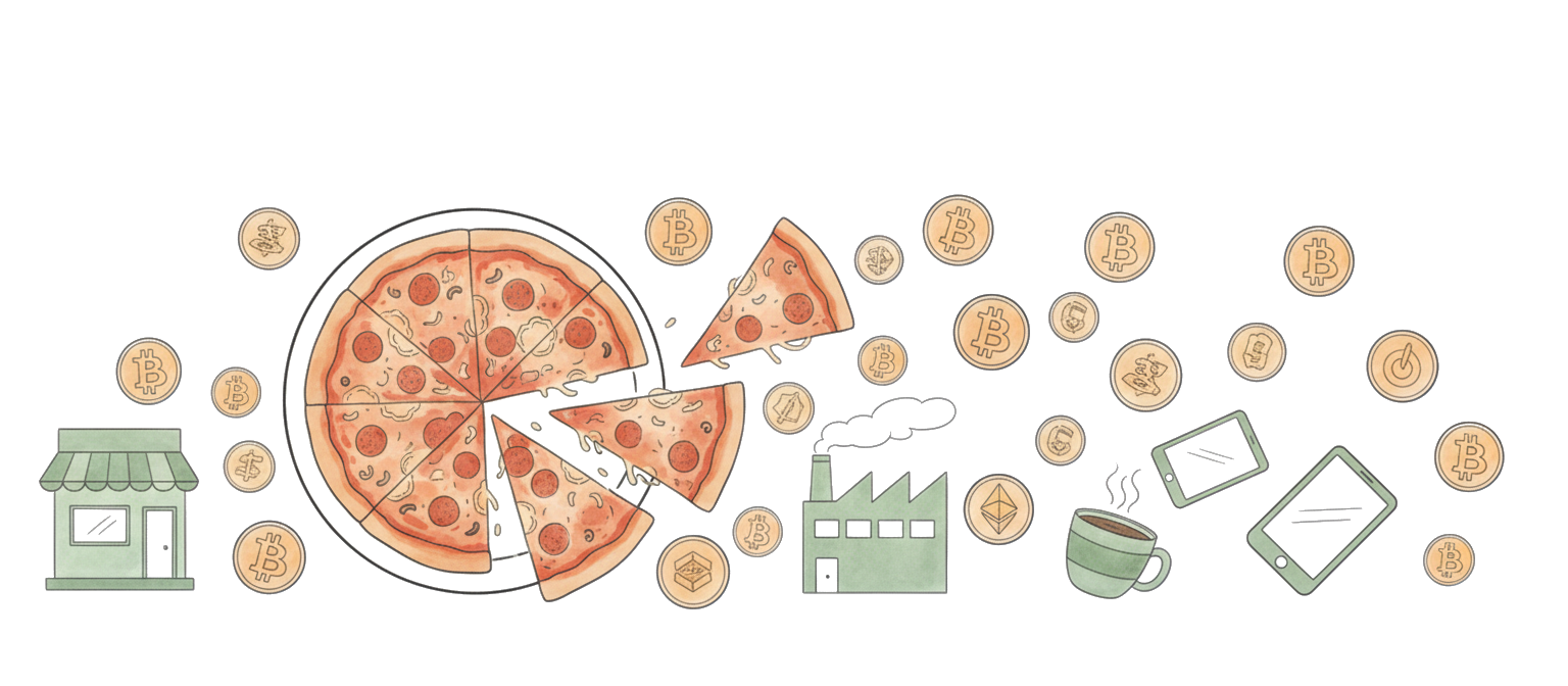 Pizza slices with company icons — stocks are pieces of companies