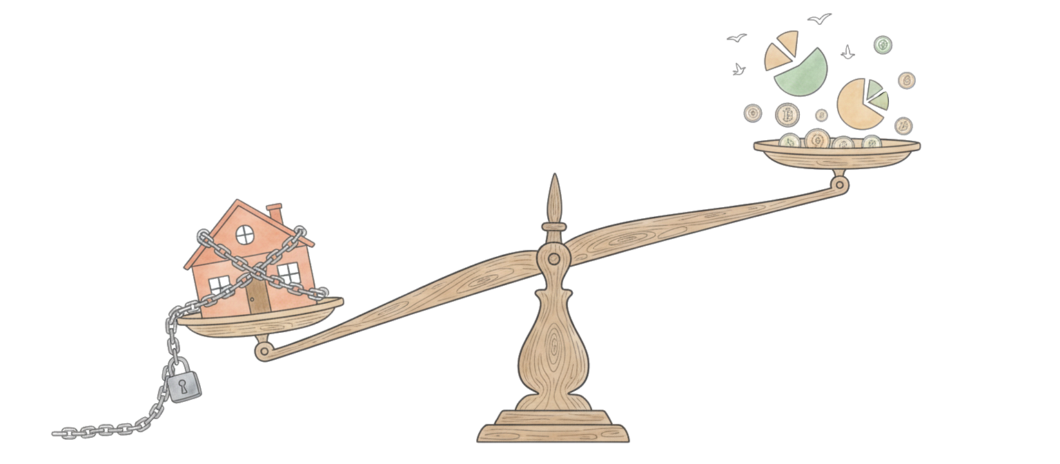 Stocks and a house on a balance scale