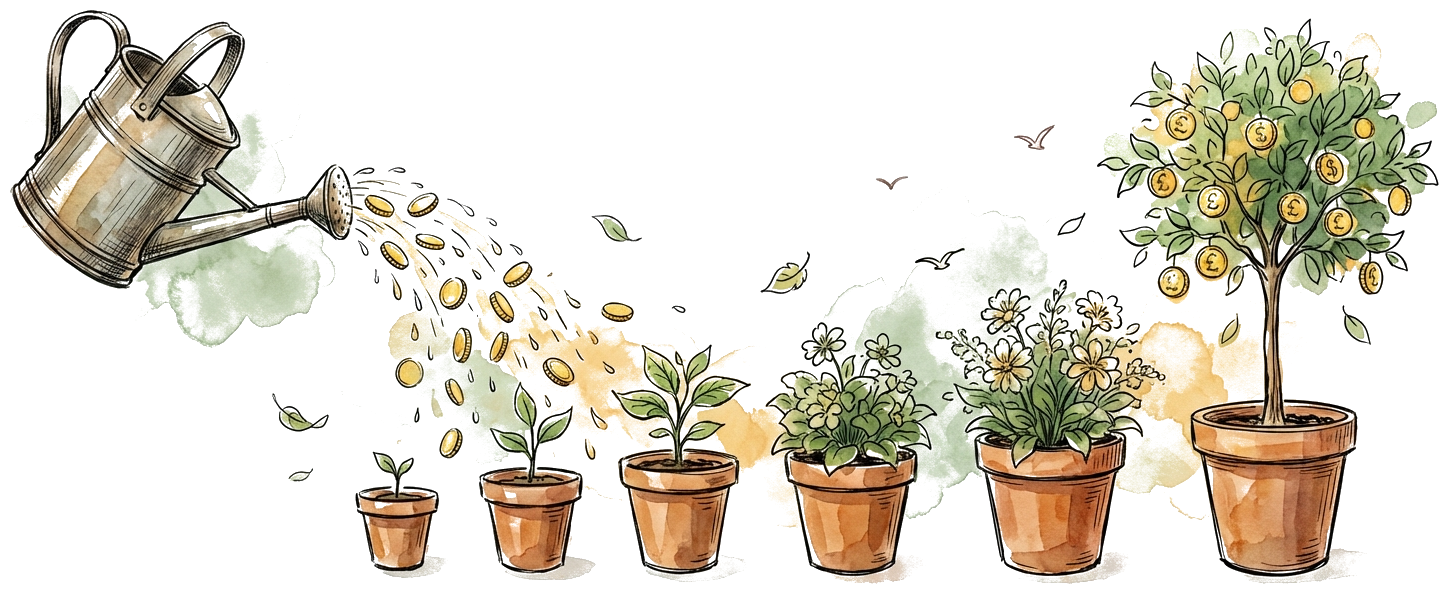 Watering can pouring coins onto a row of growing plants — regular investing nurtures growth