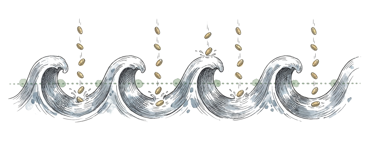 Regadera vertiendo monedas sobre una hilera de plantas creciendo — la inversión regular nutre el crecimiento