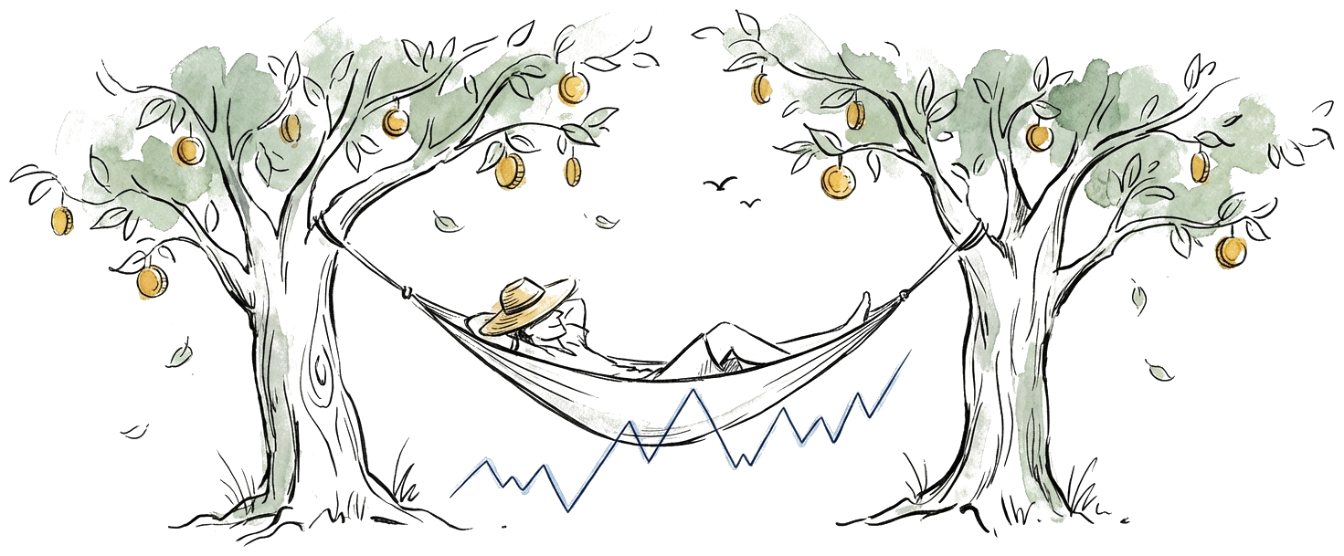 Person relaxing in hammock between money trees while stock chart zigzags below — hammock investing
