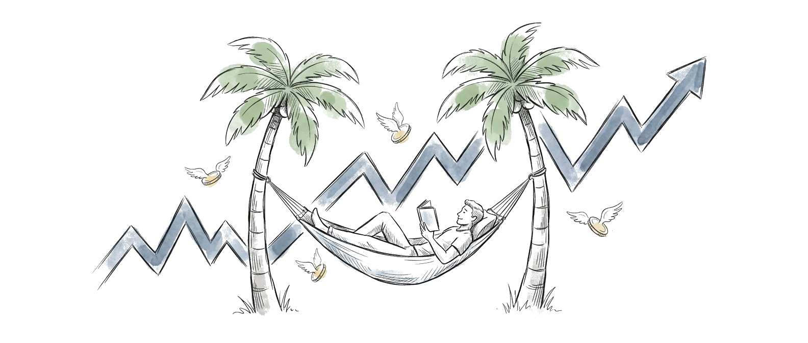 Persoon relaxt in hangmat tussen geldbomen terwijl beursgrafiek zigzagt — hangmatbeleggen
