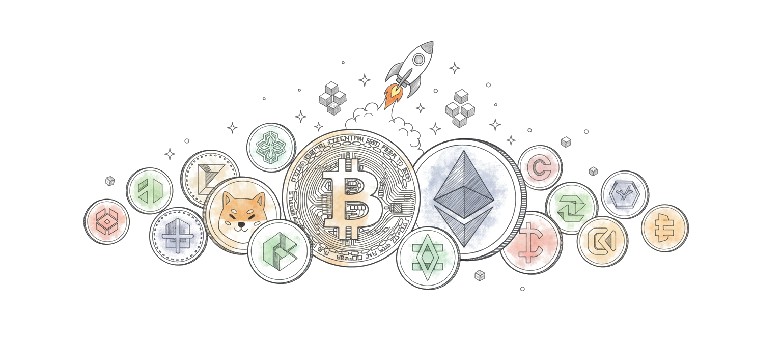 Cryptocurrency symbols floating in a digital landscape