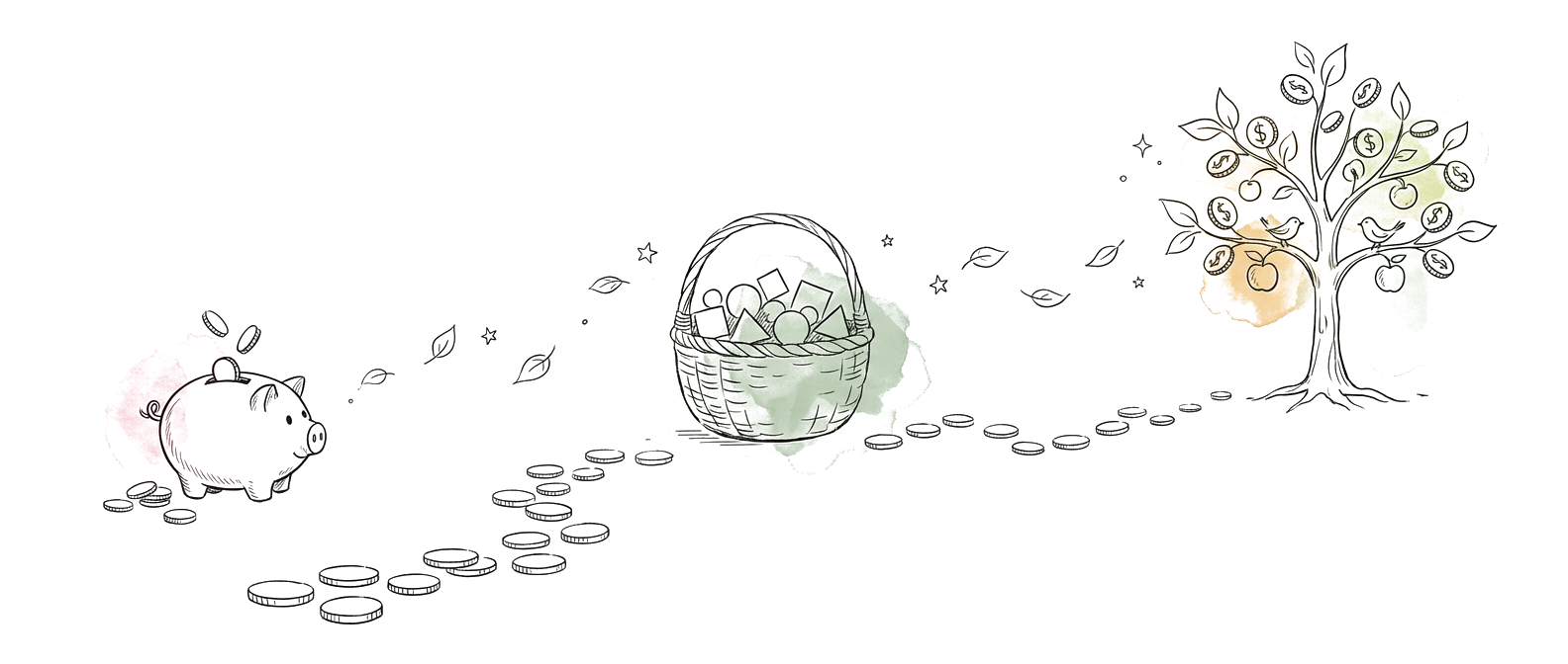 The investing journey: from piggy bank savings, through an ETF basket, to a flourishing money tree