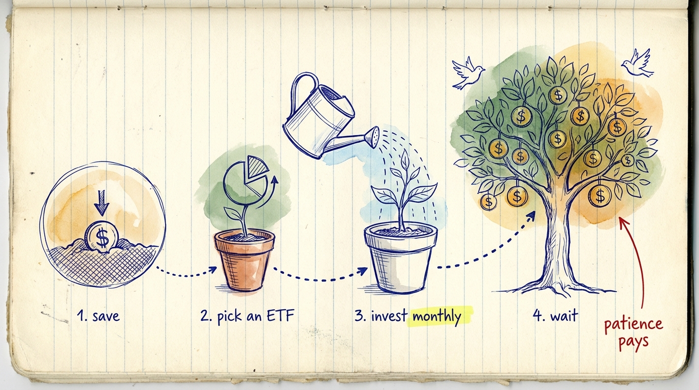 A simple 4-step investing plan: save emergency money, pick an ETF, invest monthly, hold for at least 5 years