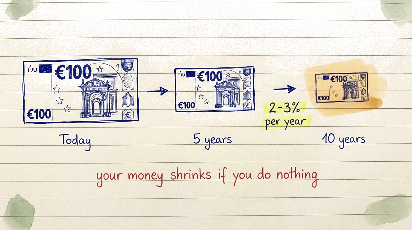Infographic showing how inflation erodes the purchasing power of cash over time