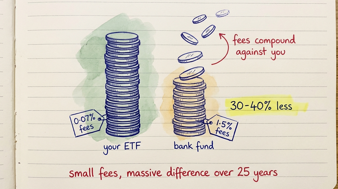 ETF with 0.07% fees towers over bank fund with 1.5% fees — small fees make a massive difference over 25 years