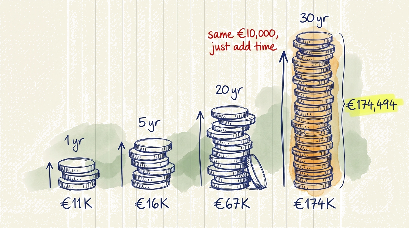 Chart showing how 10,000 euros grows to 174,000 euros over 30 years at 10% annual return