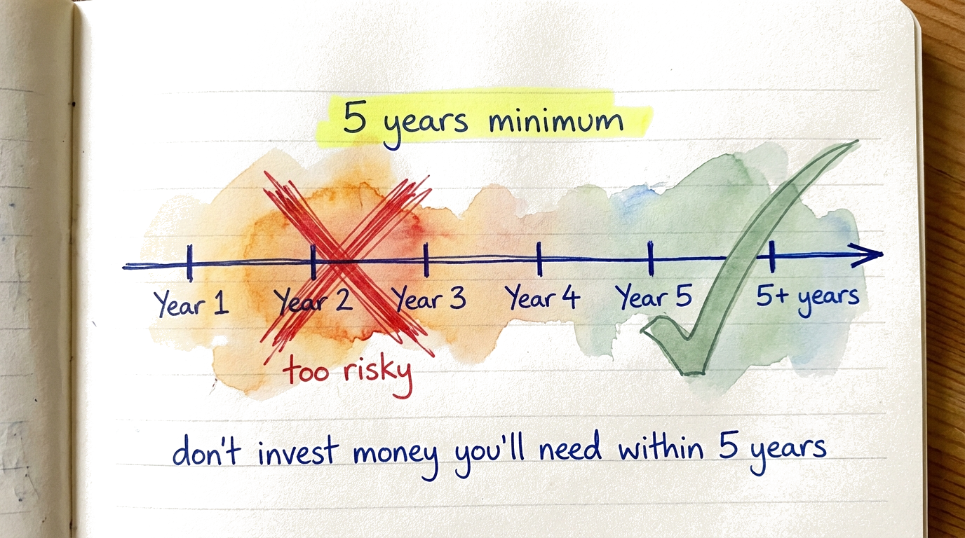 Infographic explaining why 5 years is the minimum time horizon for investing, showing crash recovery timelines