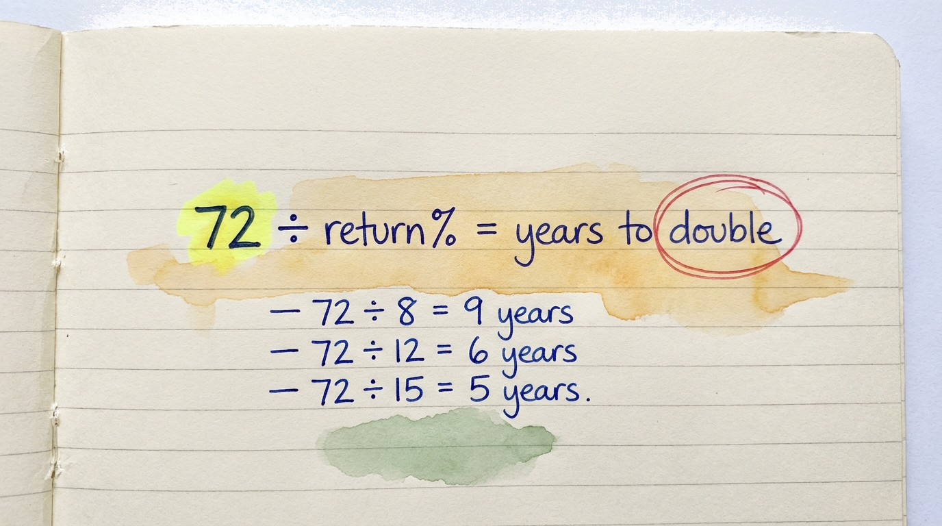 The Rule of 72 formula: divide 72 by your annual return percentage to find how many years until your money doubles