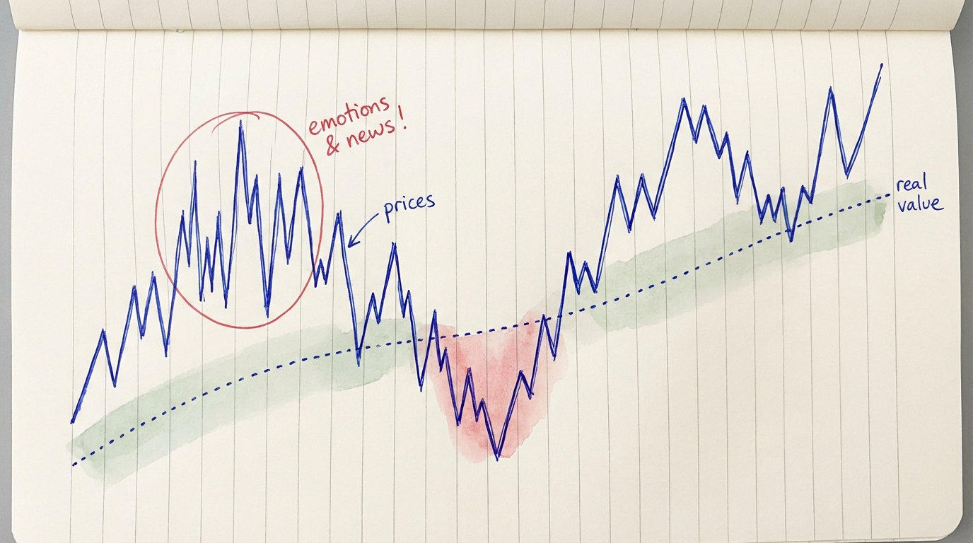 Stock prices zigzag wildly around the real value line — short-term movements are driven by emotions and news, not fundamentals