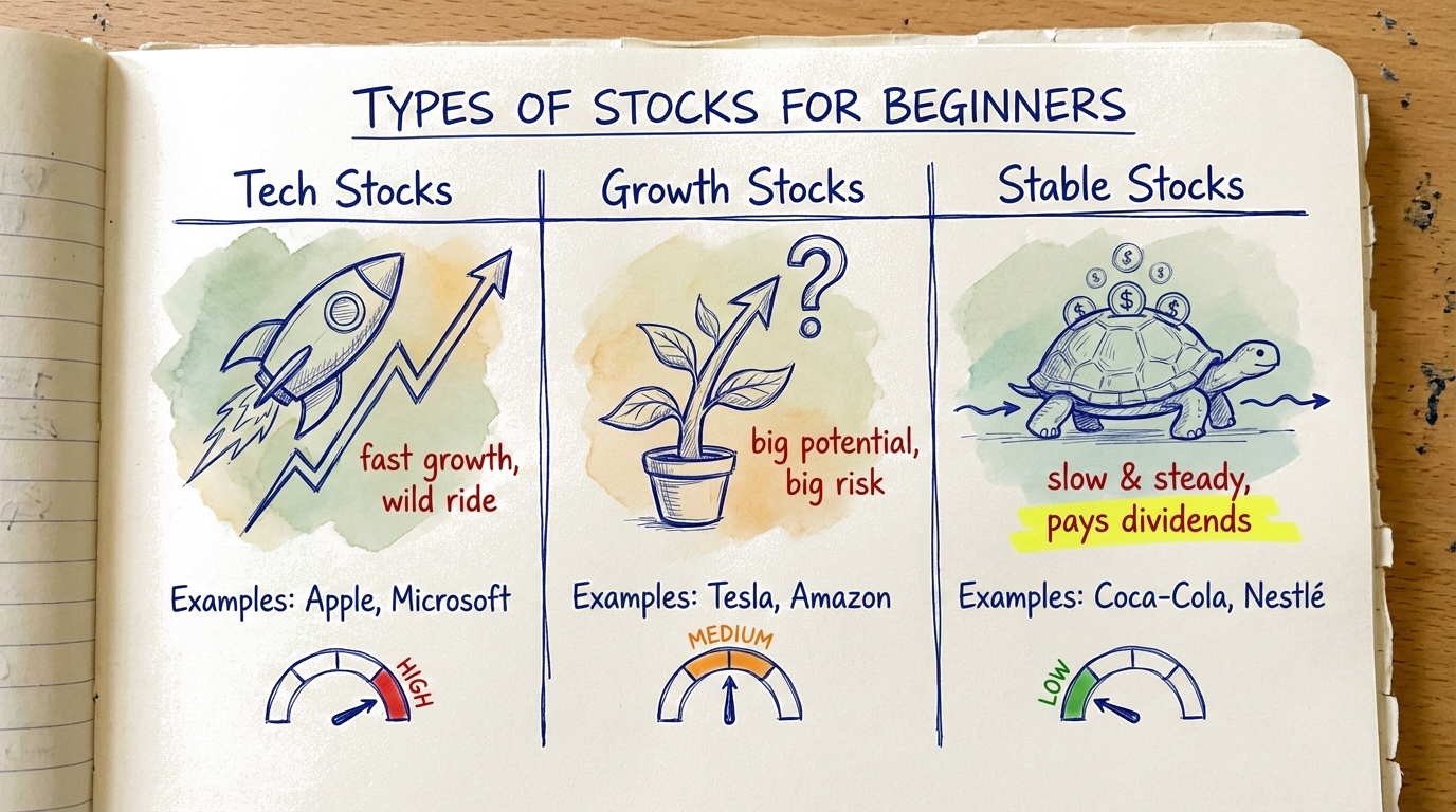 Three types of stocks compared: Tech stocks (fast growth, wild ride), Growth stocks (big potential, big risk), and Stable stocks (slow and steady, pays dividends)