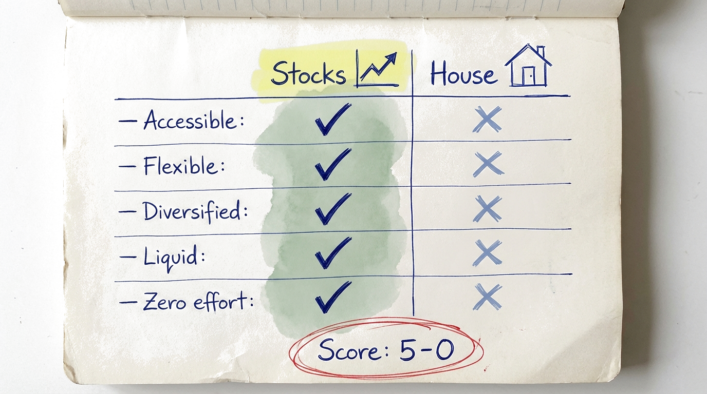 Side-by-side comparison of stocks versus real estate showing advantages of stocks: accessible, flexible, diversified, liquid, and effortless