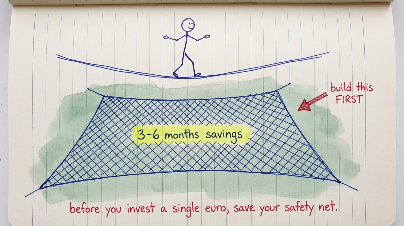 Stick figure on a tightrope with a safety net below labeled 3-6 months savings — build this first before investing