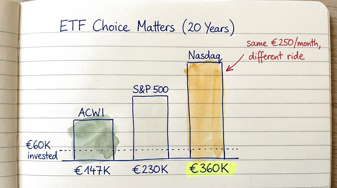 Bar chart comparing the growth of 250 euros per month across ACWI, S&P 500, and Nasdaq 100 over 5, 10, and 20 years