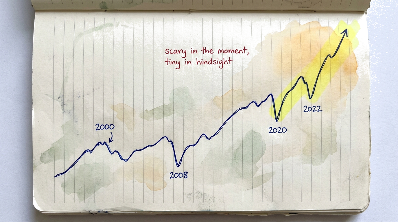 Timeline showing major stock market crashes since 2000 and how the market recovered and went higher after each one
