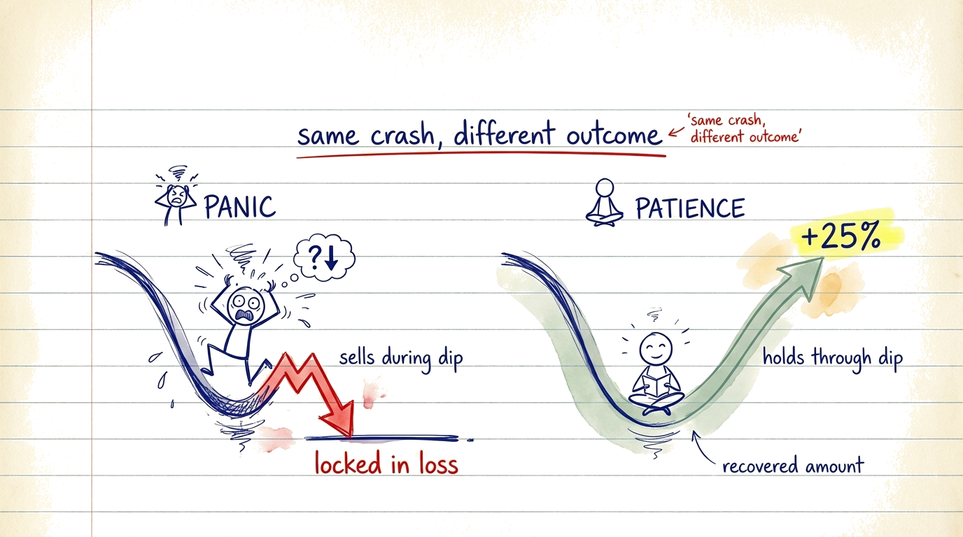 Illustration showing the difference between panic selling during a crash (locking in losses) versus holding and recovering