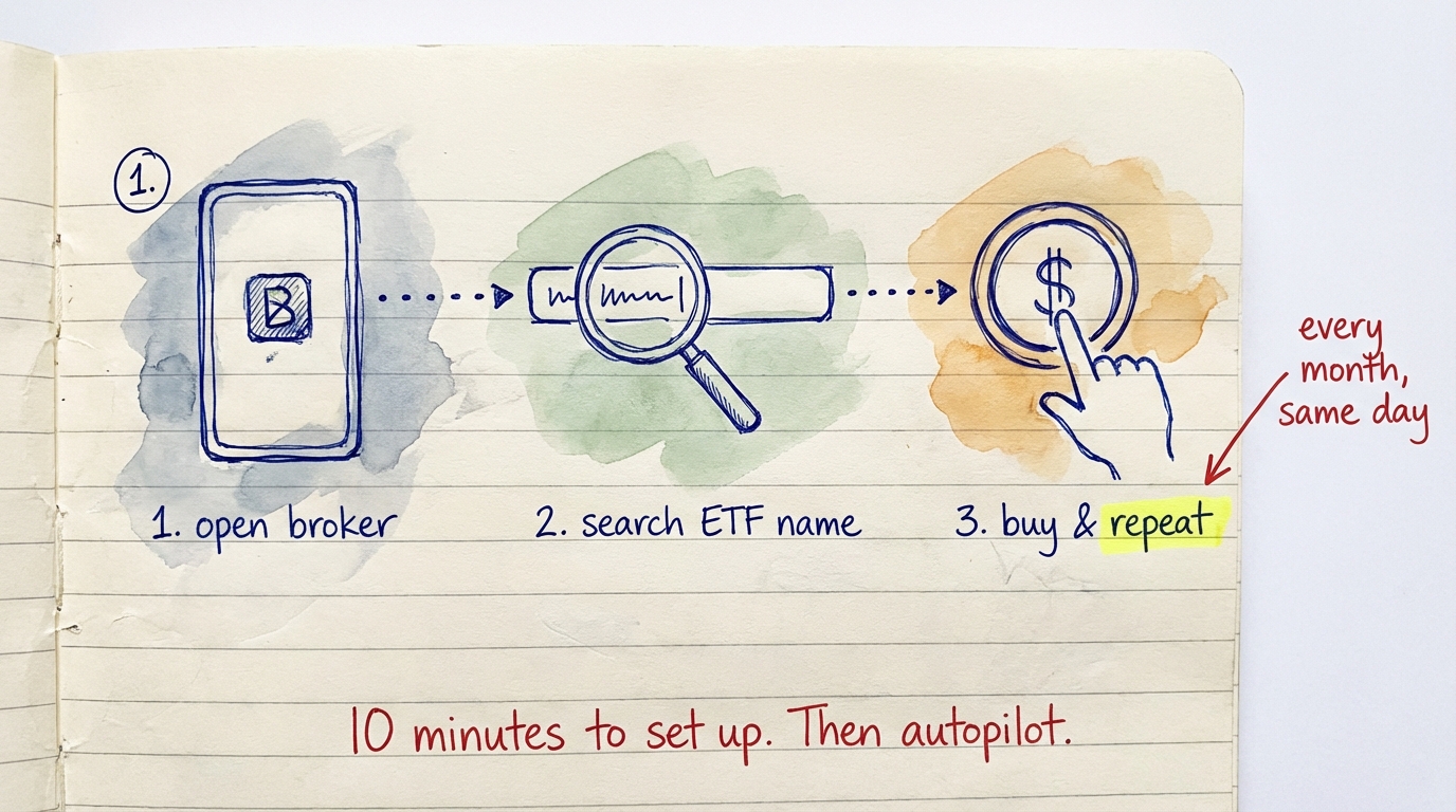 Three steps to buy an ETF: open broker, search ETF name, buy and repeat every month — 10 minutes to set up, then autopilot