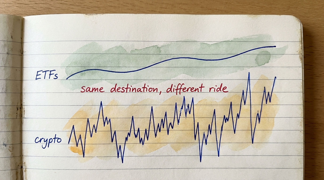 ETFs show a smooth upward line while crypto shows a wild zigzag — same destination, different ride
