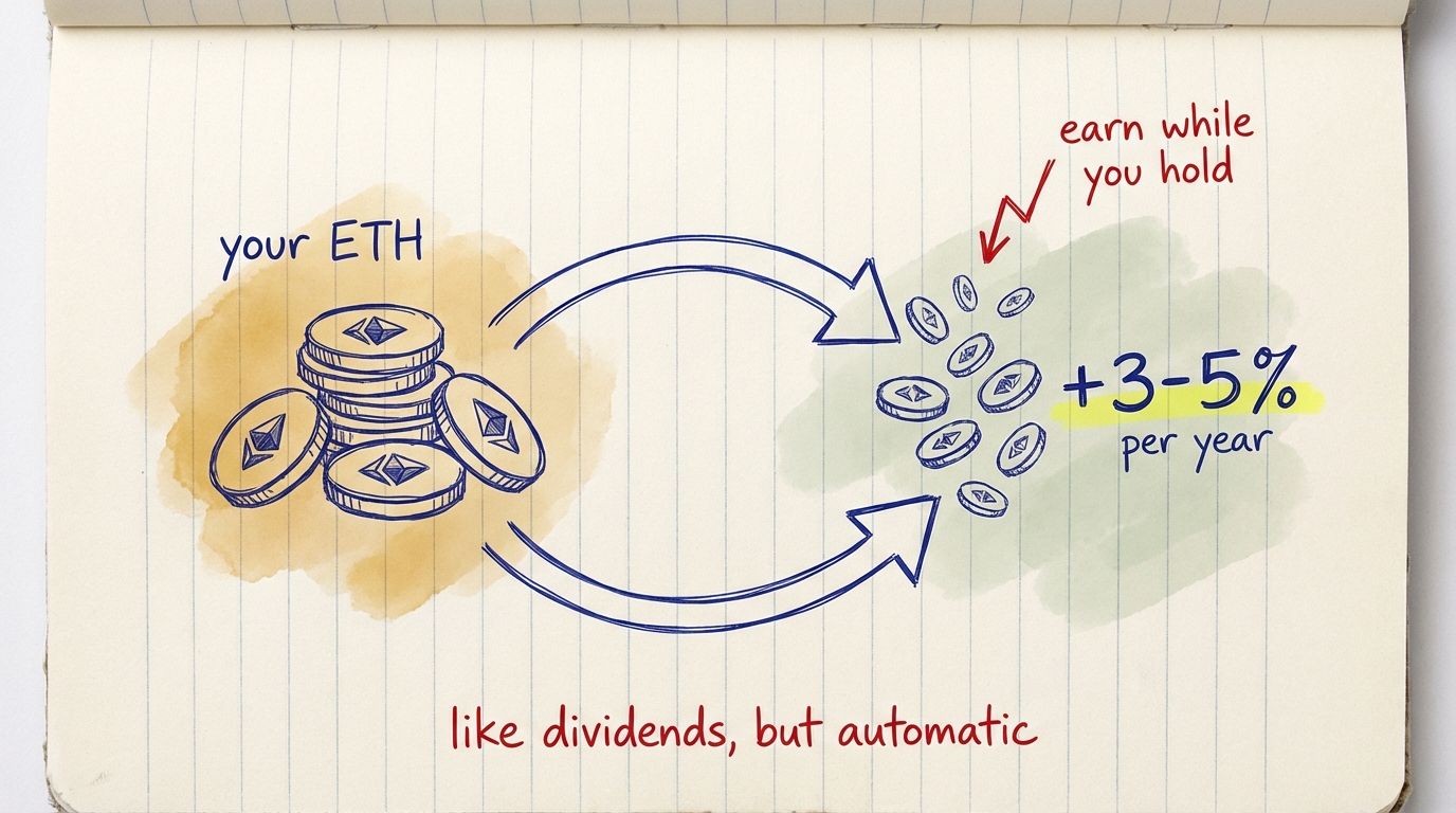 Ethereum staking cycle: your ETH generates +3-5% per year — like dividends, but automatic