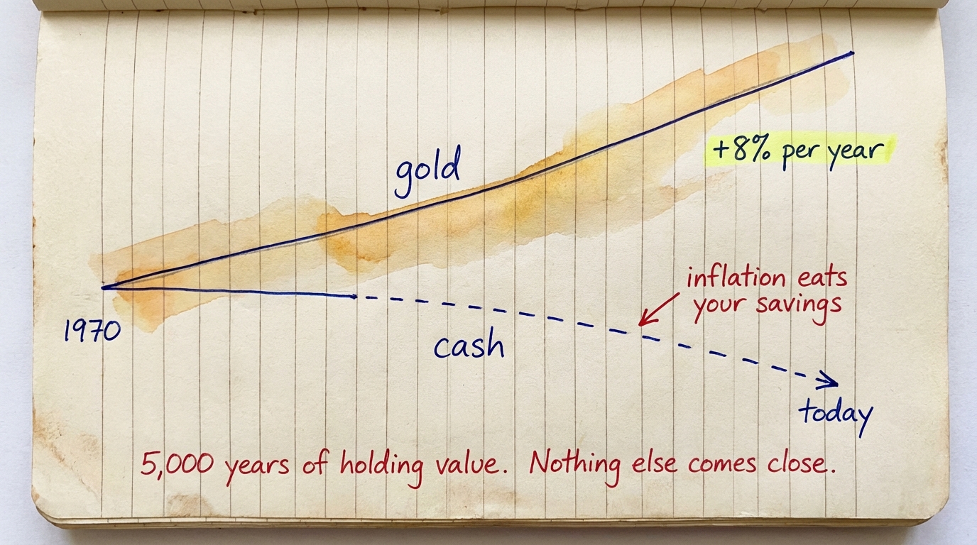 Gold steadily rising since 1970 while cash loses value to inflation — 5,000 years of holding value
