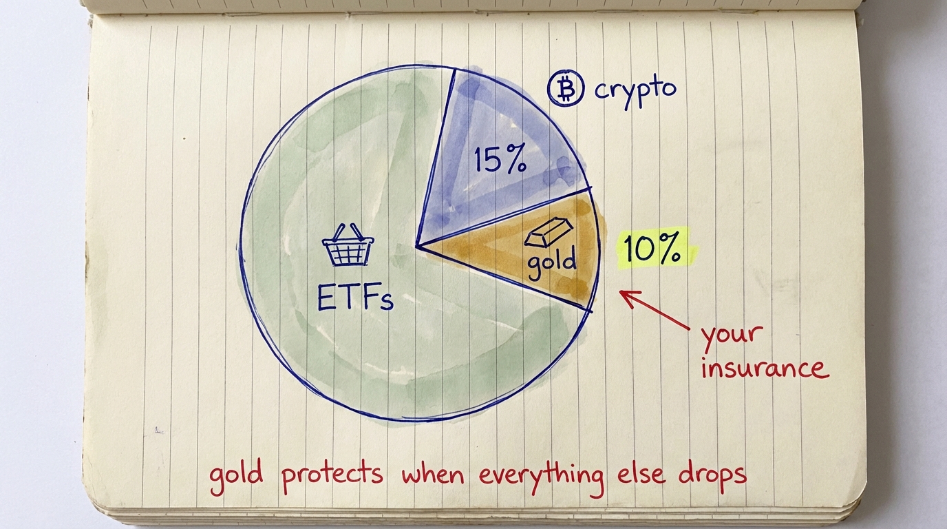 Portfolio pie chart: 75% ETFs, 15% crypto, 10% gold — gold is your insurance when everything else drops