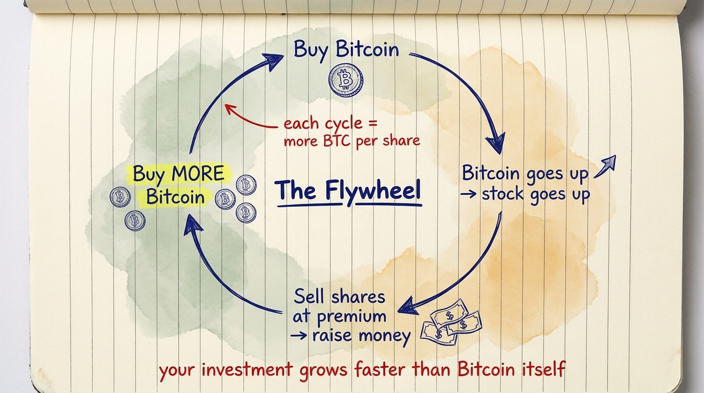 The Strategy flywheel: buy Bitcoin, stock goes up, sell shares at premium, buy more Bitcoin — each cycle adds more BTC per share