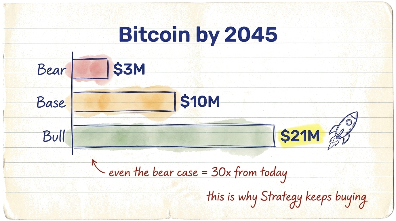 Bitcoin by 2045: Bear $3M, Base $10M, Bull $21M — even the bear case is 30x from today