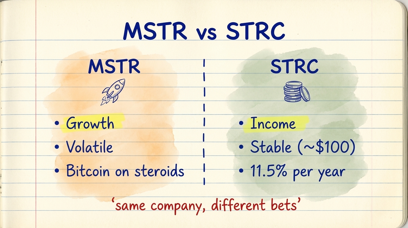 MSTR vs STRC: MSTR is growth, volatile, Bitcoin on steroids. STRC is income, stable at $100, 11.5% per year. Same company, different bets.