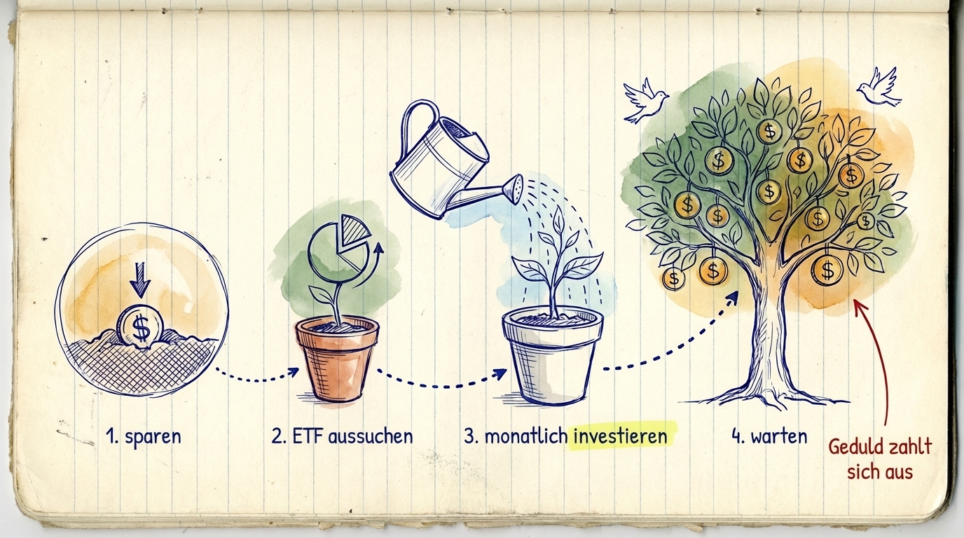 Ein einfacher 4-Schritte-Investitionsplan: Notgeld ansparen, ETF auswählen, monatlich investieren, mindestens 5 Jahre halten