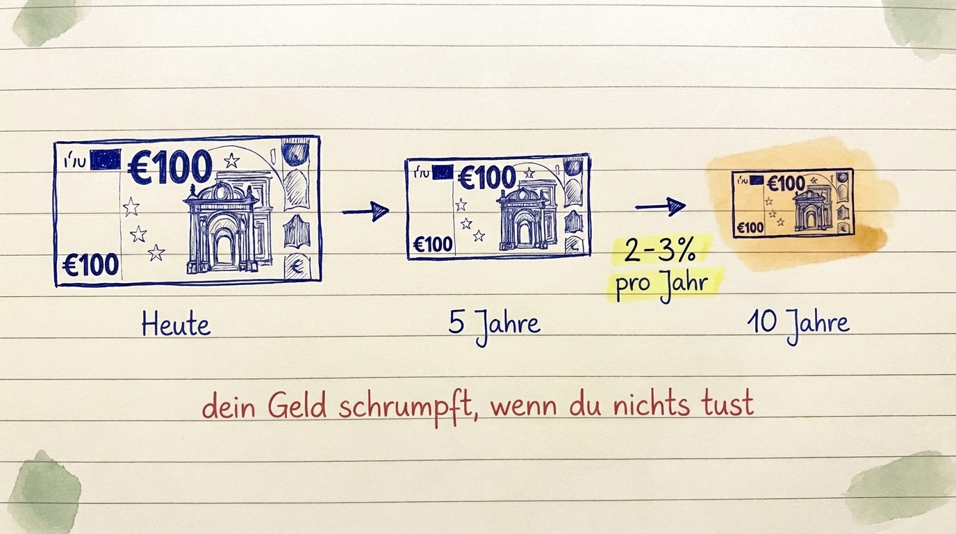 Infografik, die zeigt, wie Inflation die Kaufkraft von Bargeld im Laufe der Zeit aufzehrt
