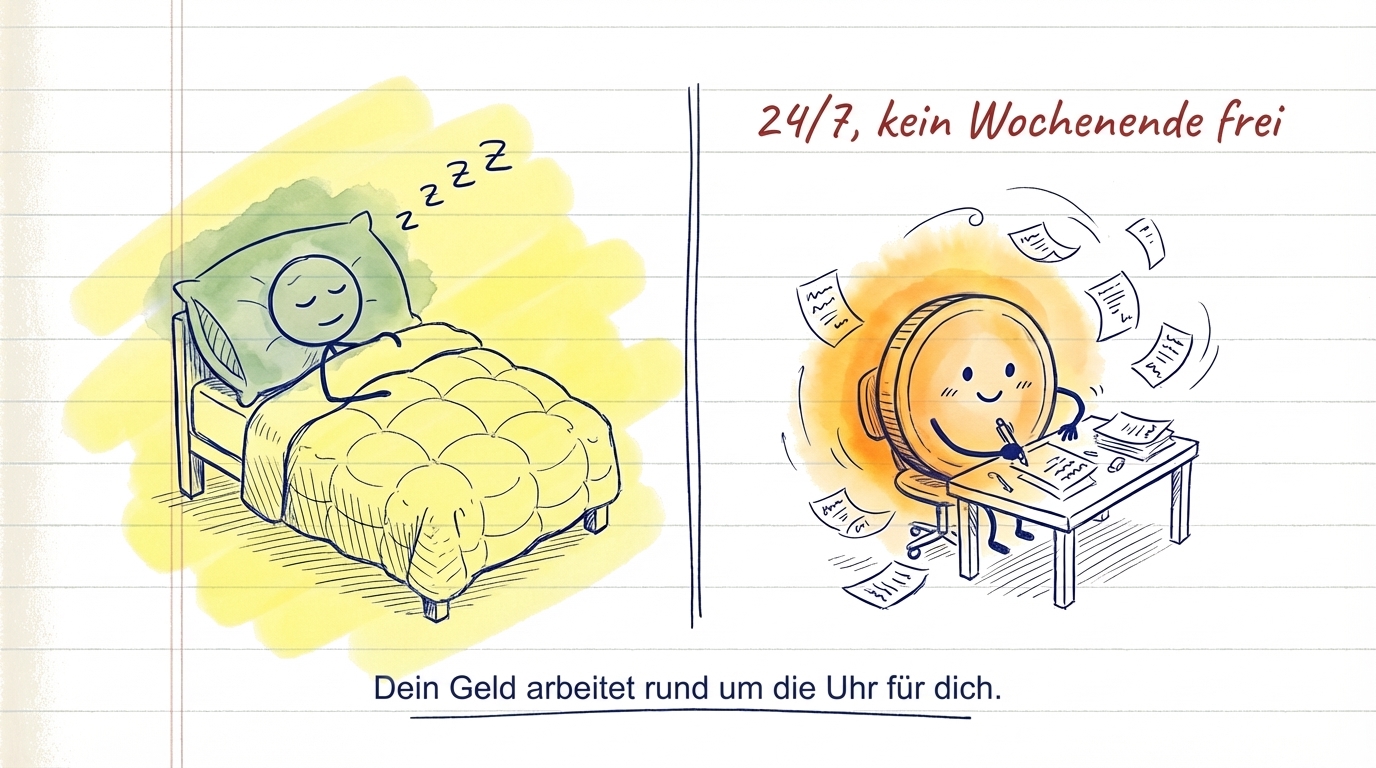 Infografik, die zeigt, wie regelmäßiges monatliches Investieren dein Geld über die Zeit für dich arbeiten lässt