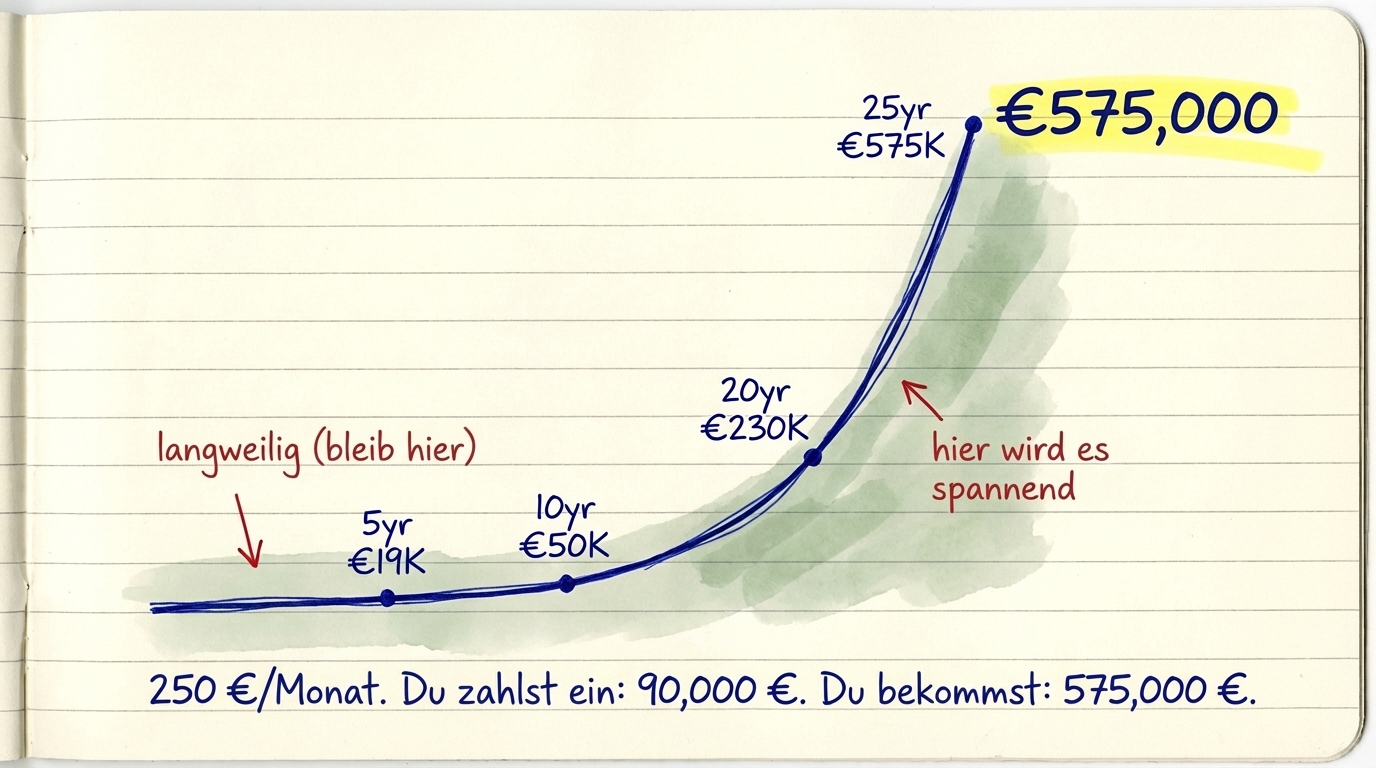 Der Hockeyschläger des Vermögens: 250 €/Monat wächst anfangs langsam, explodiert dann auf 575.000 € nach 25 Jahren