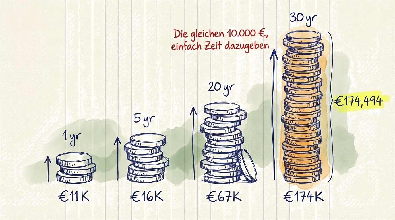 Diagramm, das zeigt, wie 10.000 Euro bei 10 % jährlicher Rendite über 30 Jahre auf 174.000 Euro wachsen