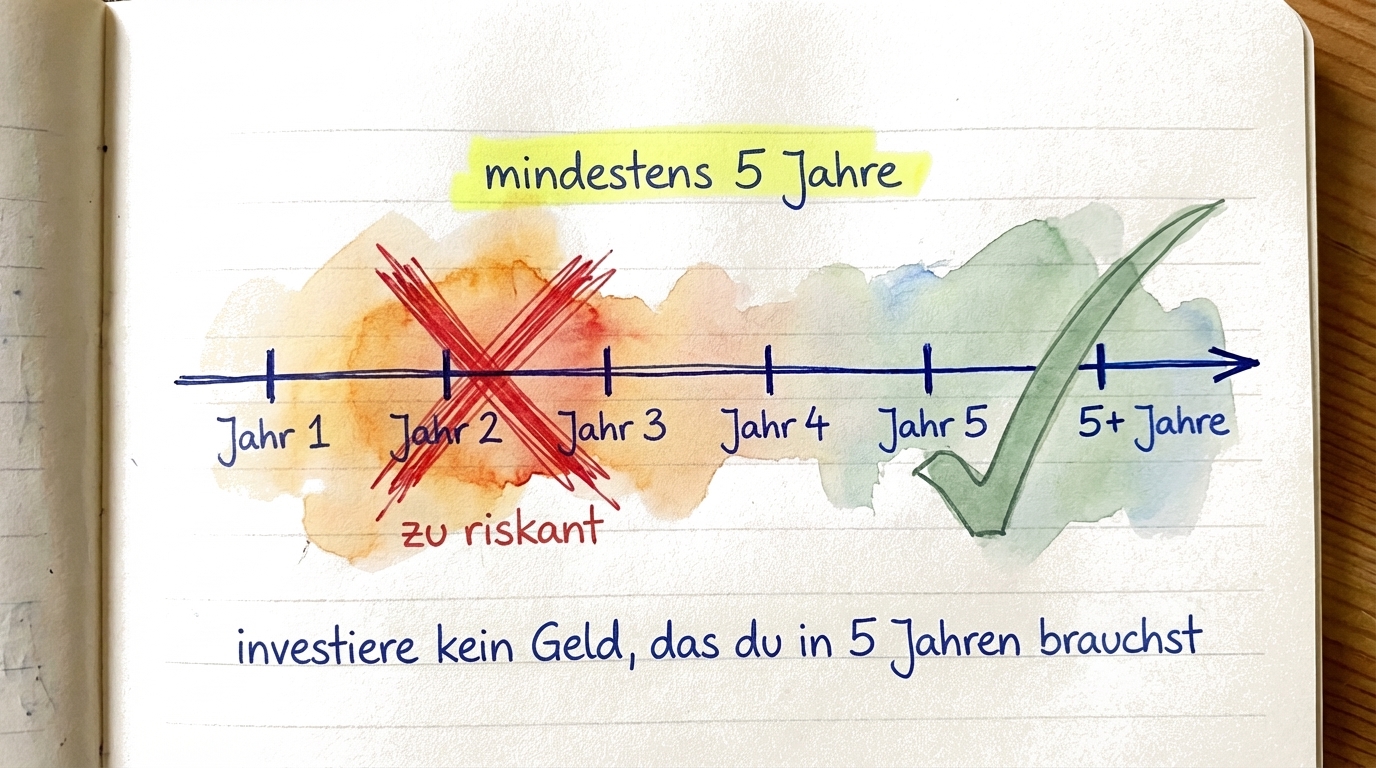 Infografik, die erklärt, warum 5 Jahre der Mindestanlagehorizont sind, mit Crash-Erholungszeiträumen