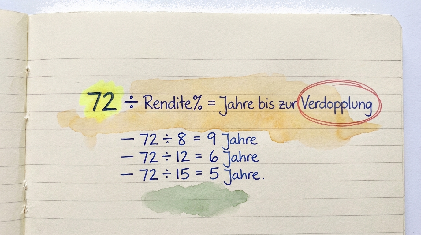 Die 72er-Regel-Formel: Teile 72 durch deine jährliche Rendite, um herauszufinden, wie viele Jahre es dauert, bis sich dein Geld verdoppelt