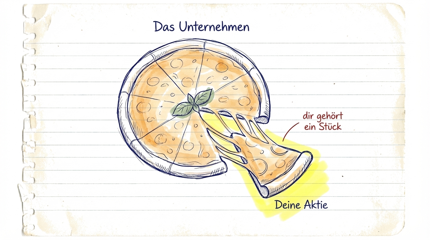 Eine Pizza in Stücke geteilt, die Aktien darstellen — jedes Stück ist ein kleiner Anteil an einem Unternehmen
