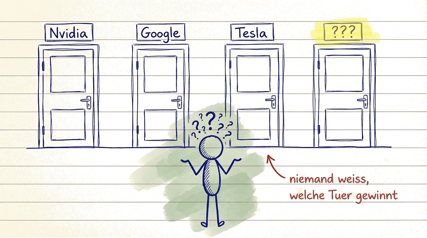 Illustration, die die Schwierigkeit zeigt, eine einzelne Gewinneraktie aus vielen konkurrierenden Unternehmen auszuwählen