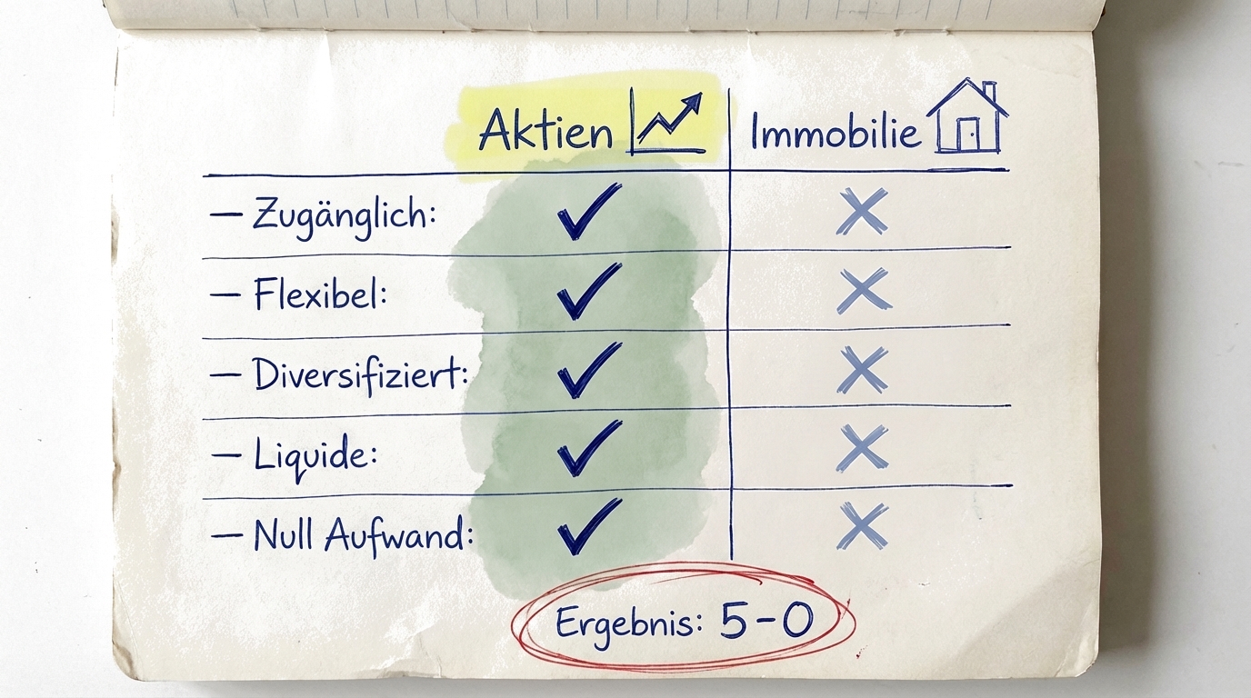 Seite-an-Seite-Vergleich von Aktien versus Immobilien mit den Vorteilen von Aktien: zugänglich, flexibel, diversifiziert, liquide und mühelos