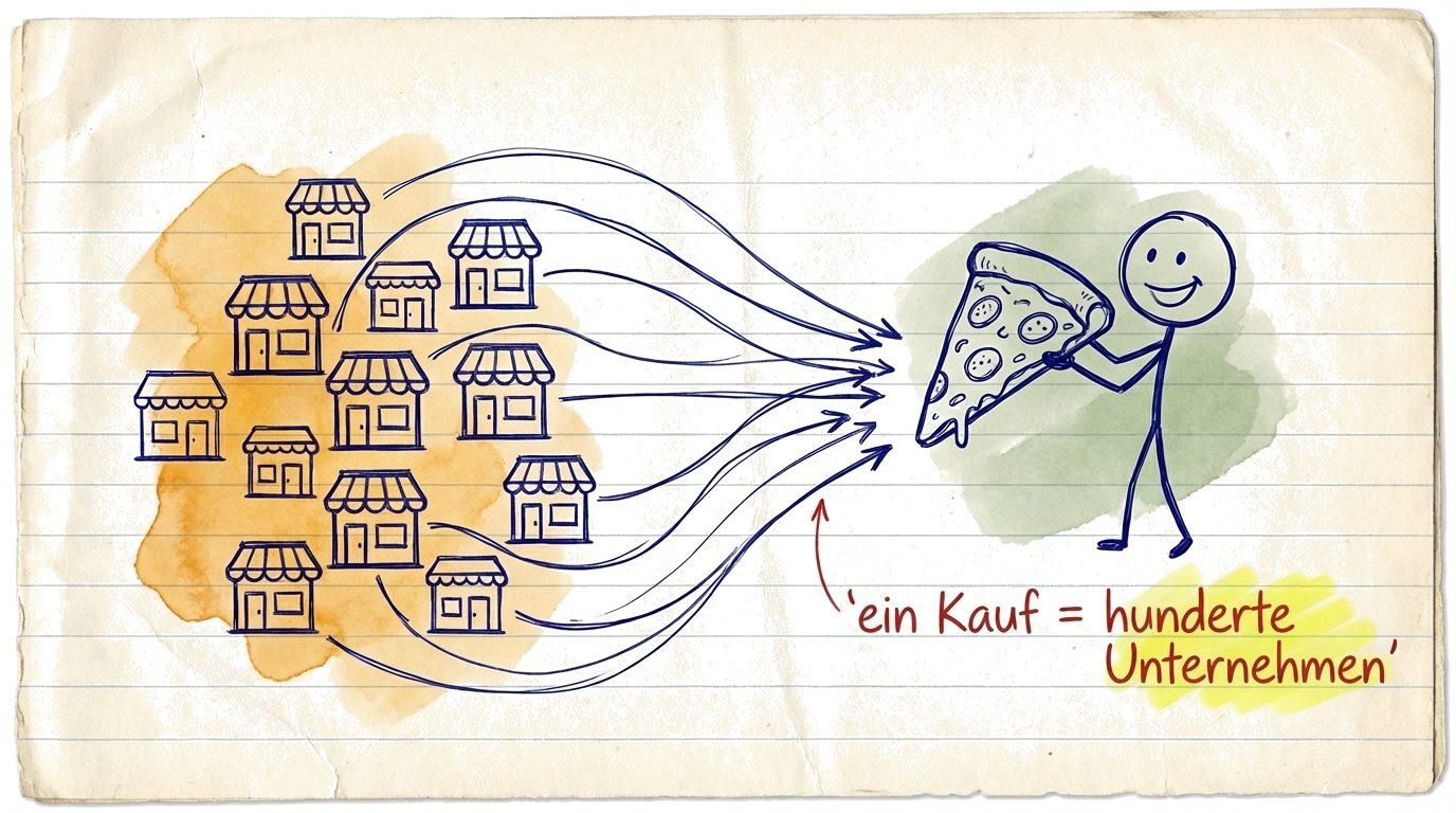 Illustration, die den Kauf einer Aktie (eine Pizzeria) mit einem ETF (ein Stück von hunderten Pizzerien) vergleicht