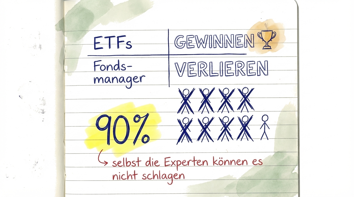 Statistik, die zeigt, dass 90 % der professionellen Fondsmanager es langfristig nicht schaffen, einfache ETF-Indexfonds zu schlagen