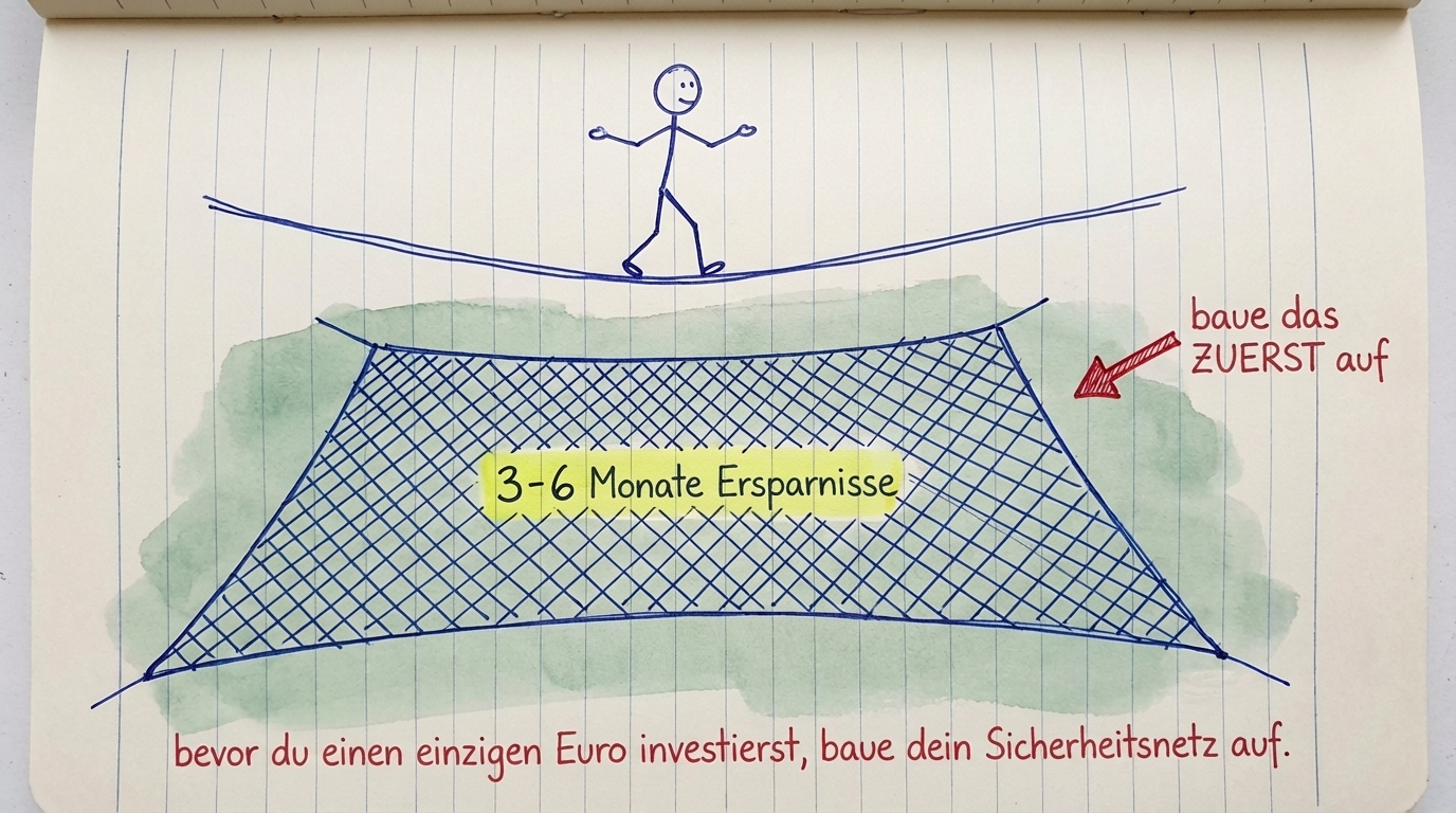 Strichmännchen auf einem Hochseil mit einem Sicherheitsnetz darunter, beschriftet mit 3-6 Monate Ersparnisse — baue das zuerst auf, bevor du investierst