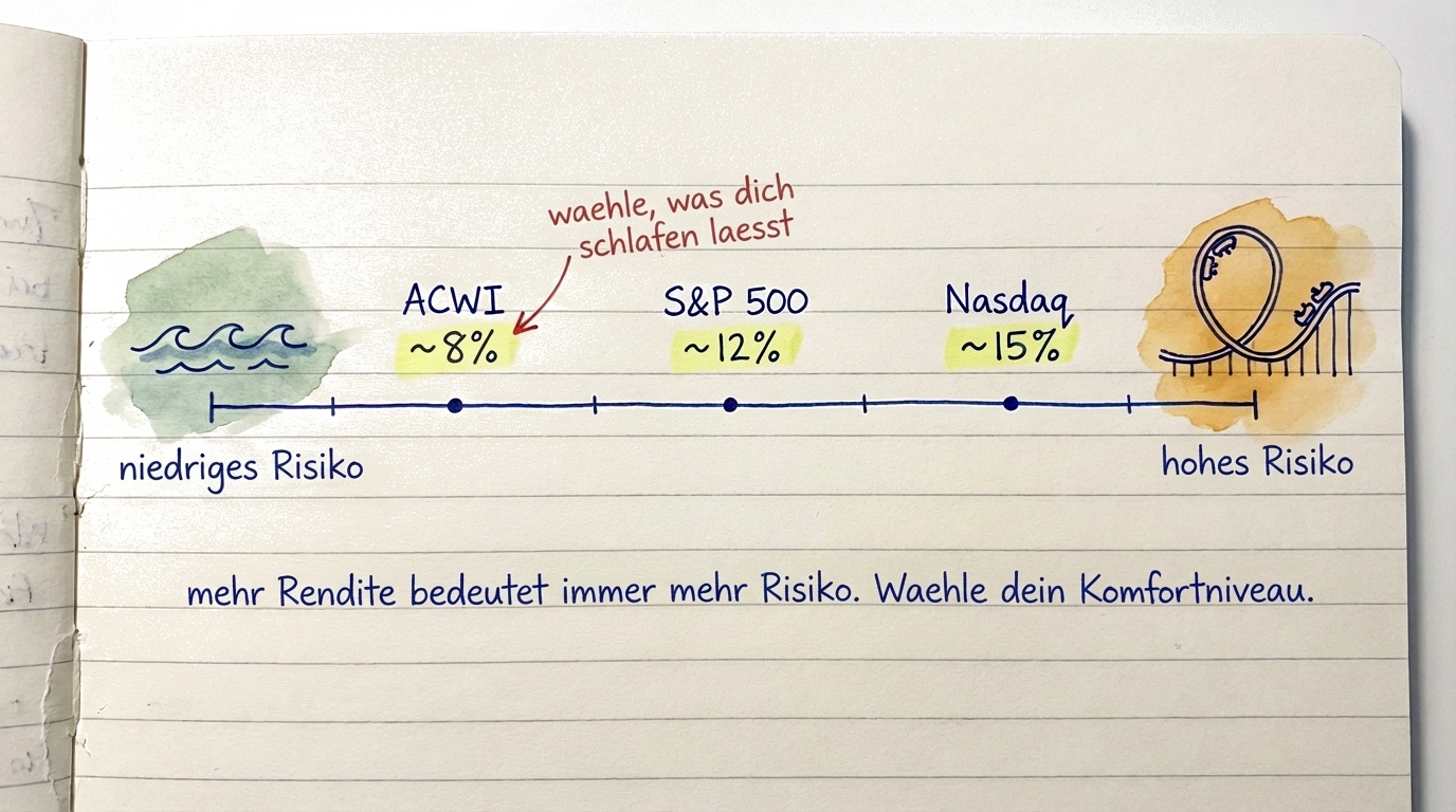 Ein Risikospektrum zeigt ACWI als niedrigstes Risiko, S&P 500 als mittleres und Nasdaq 100 als höchstes Risiko mit höchsten potenziellen Renditen