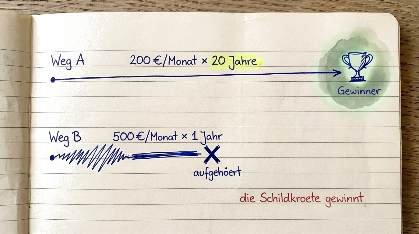 Illustration, die zeigt, dass konstante kleine Investments über viele Jahre große unregelmäßige übertreffen