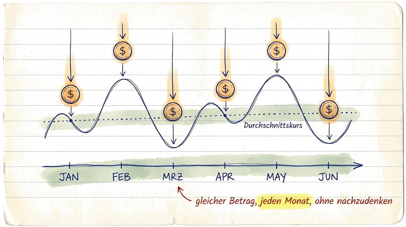 Diagramm, das zeigt, wie DCA dir ermöglicht, mehr Anteile zu kaufen, wenn die Kurse fallen, und weniger, wenn sie steigen — dein Durchschnittspreis über die Zeit