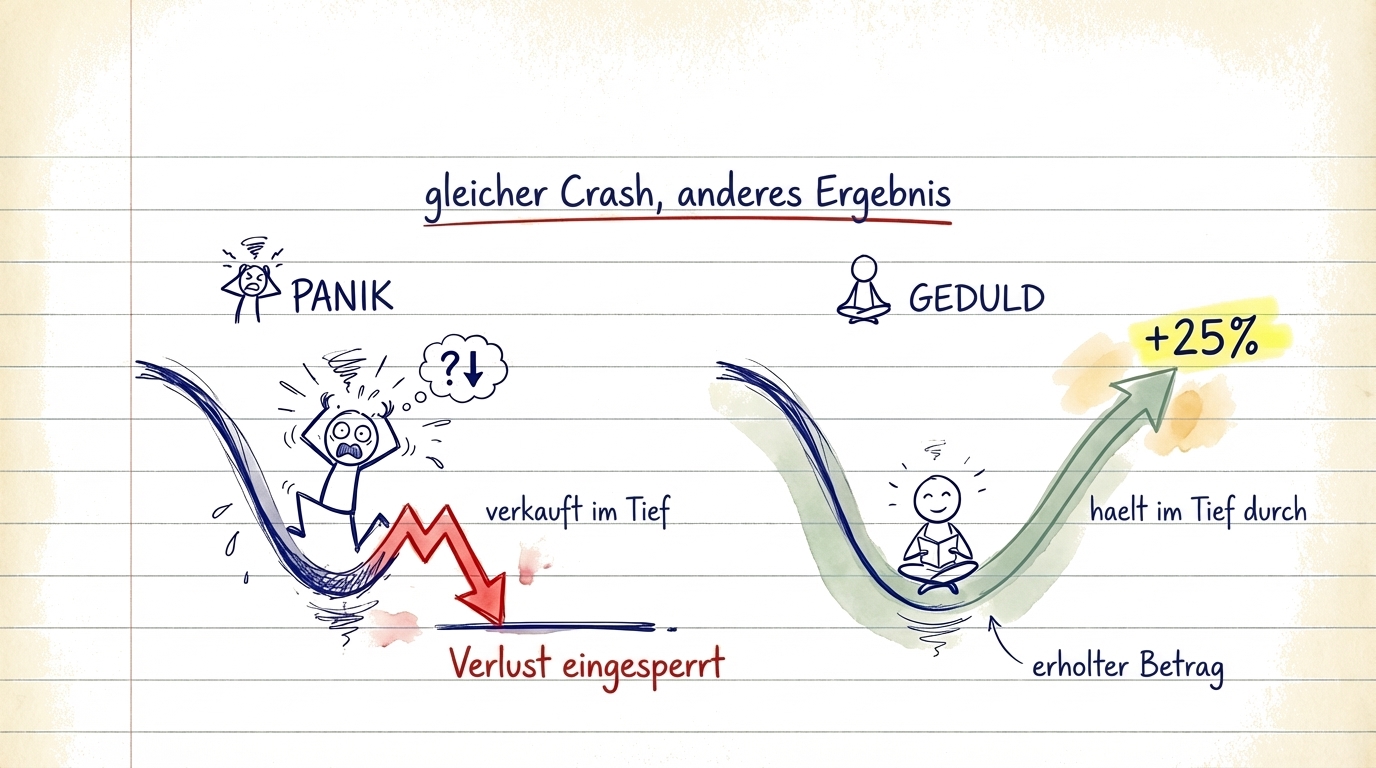 Illustration, die den Unterschied zeigt zwischen Panikverkauf während eines Crashs (Verluste festschreiben) und Halten und Erholen