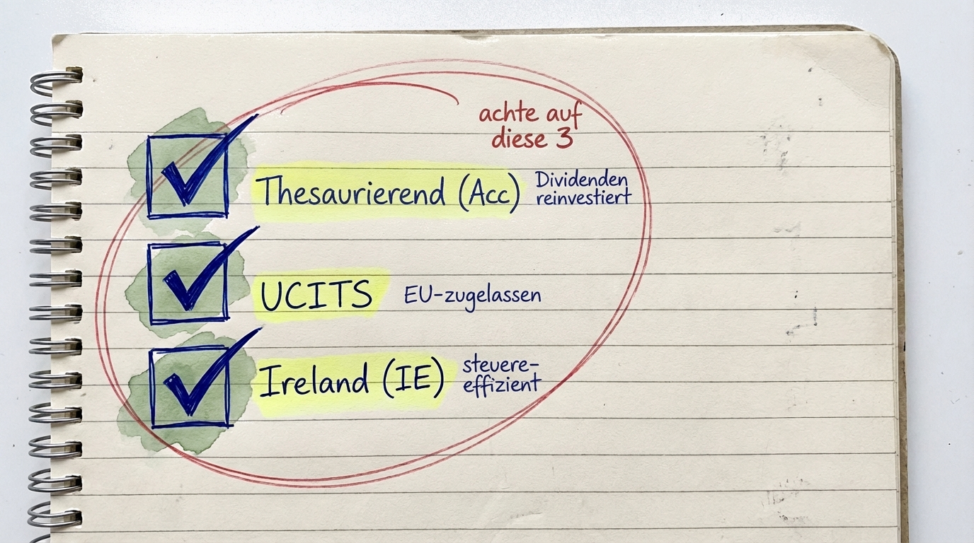 Eine Checkliste für die Wahl des richtigen ETFs: Thesaurierend, UCITS-zugelassen und in Irland domiziliert