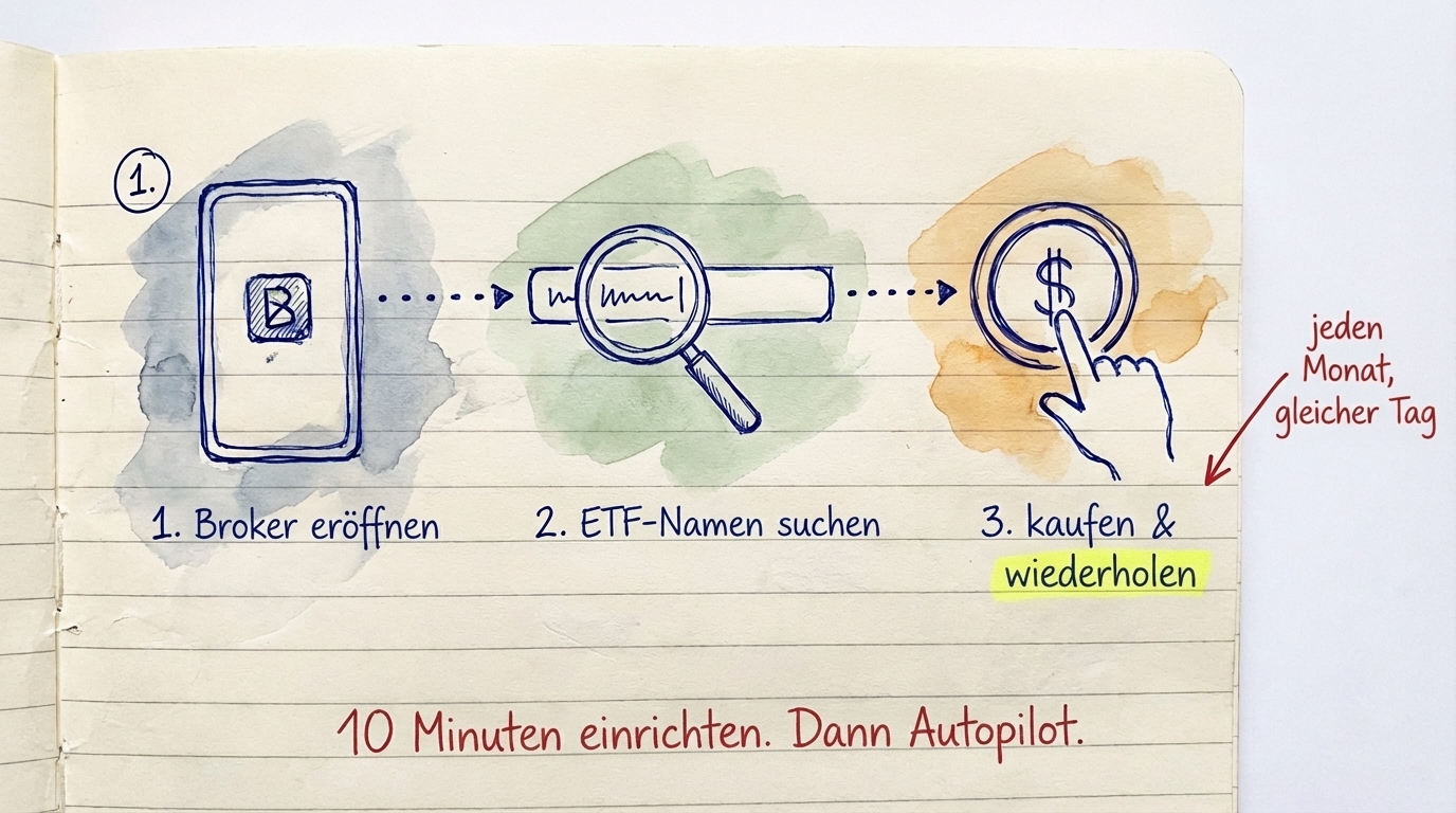 Drei Schritte zum ETF-Kauf: Broker eröffnen, ETF-Namen suchen, kaufen und jeden Monat wiederholen — 10 Minuten Einrichtung, dann Autopilot