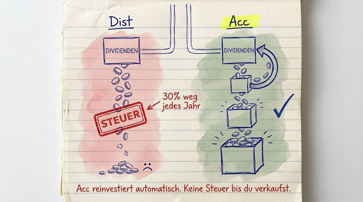Ausschüttender ETF verliert jedes Jahr 30 % an Steuern, während thesaurierender ETF reinvestiert und wächst — keine Steuern bis zum Verkauf