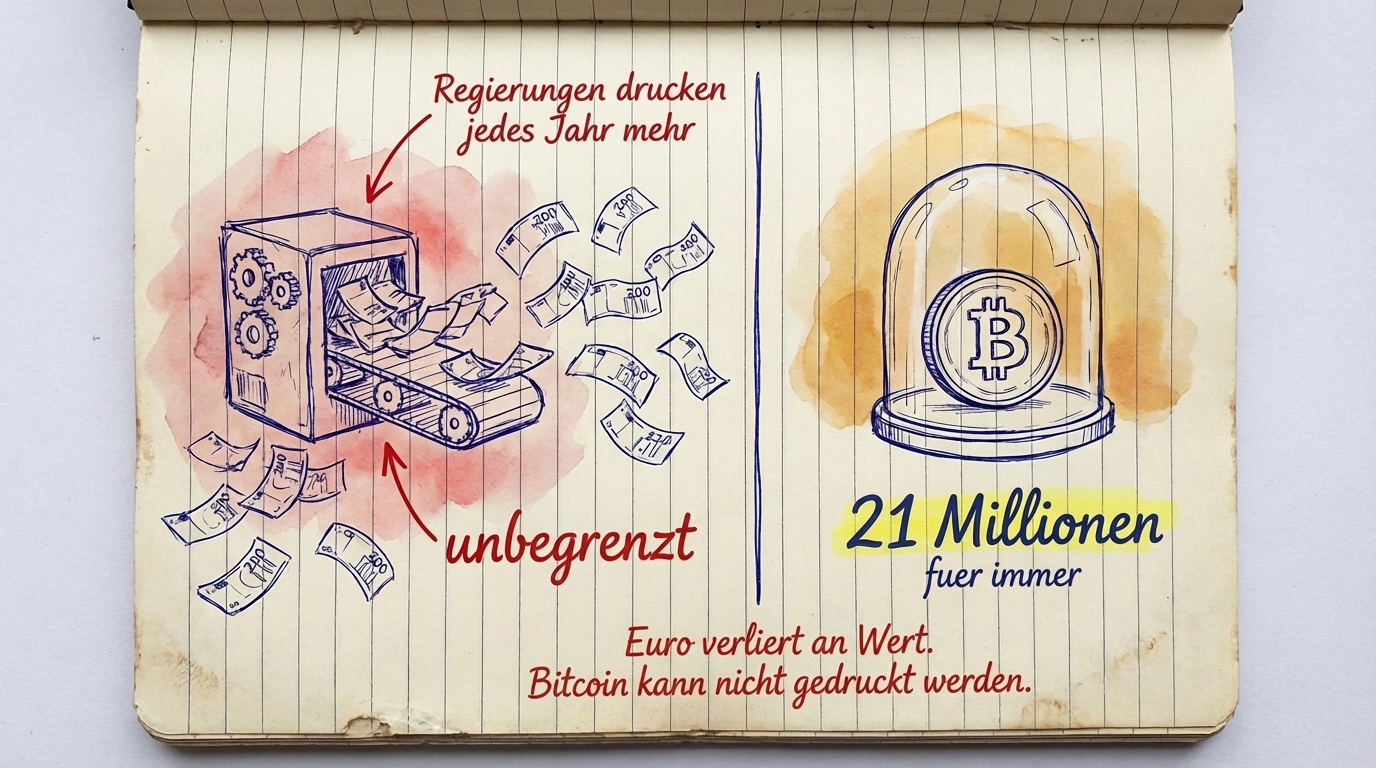 Gelddruckmaschine produziert unbegrenzt Euros vs Bitcoin bei 21 Millionen für immer festgelegt — Euros verlieren an Wert, Bitcoin kann nicht gedruckt werden